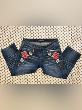 DRIFTWOOD Dark Blue Skinny Jeans with Pink Rose Embroidery Size 28